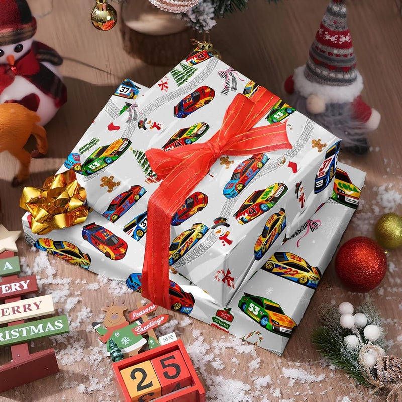 ZINTBIAL Race Car Christmas Wrapping Paper - Xmas Gift Wrap with Holiday Trees, Gingerbread Men, Snowflakes & Snowmen Design- Perfect for Kids & Adults Gift Wrapping - 40×28 Inches, 4 Folded Sheets - Image 5